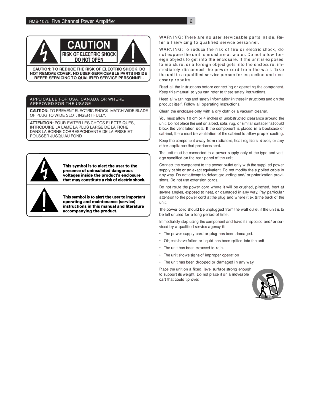 Rotel RMB-1075 owner manual Risk of Electric Shock Do not Open 