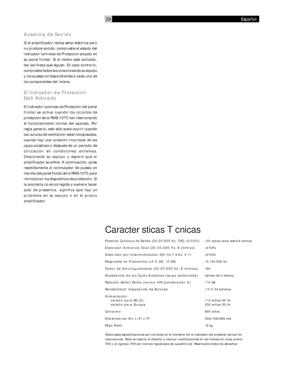 Rotel RMB-1075 owner manual Características Técnicas, Ausencia de Sonido, El Indicador de Protección Está Activado 