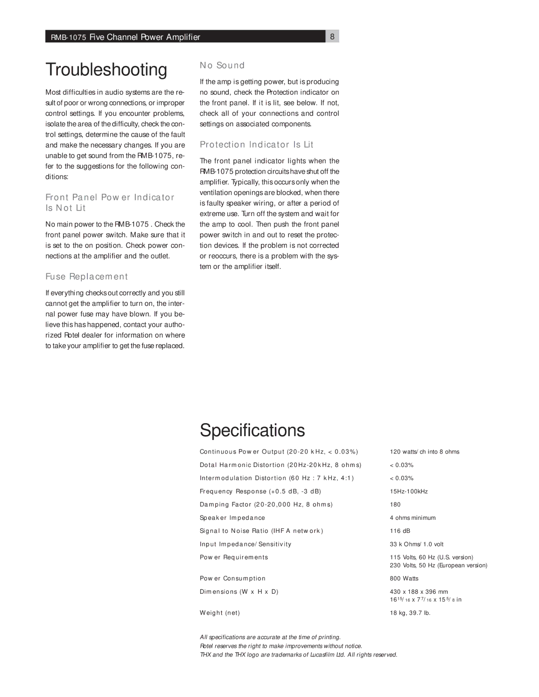 Rotel RMB-1075 owner manual Troubleshooting, Specifications 