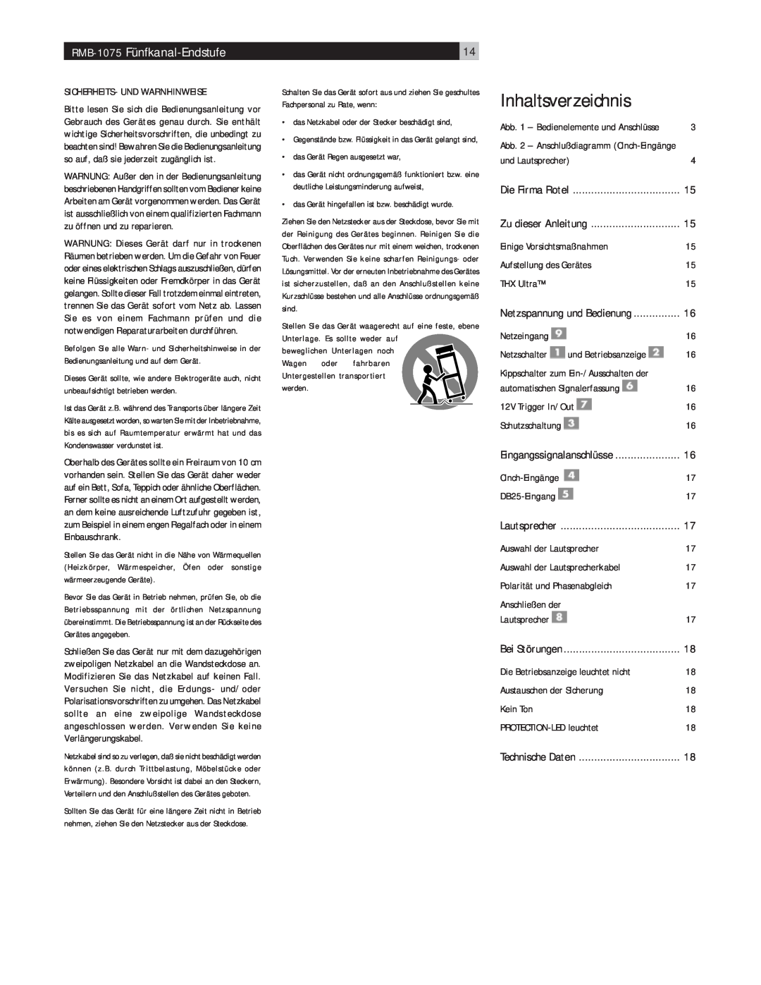 Rotel owner manual Inhaltsverzeichnis, RMB-1075 Fünfkanal-Endstufe 