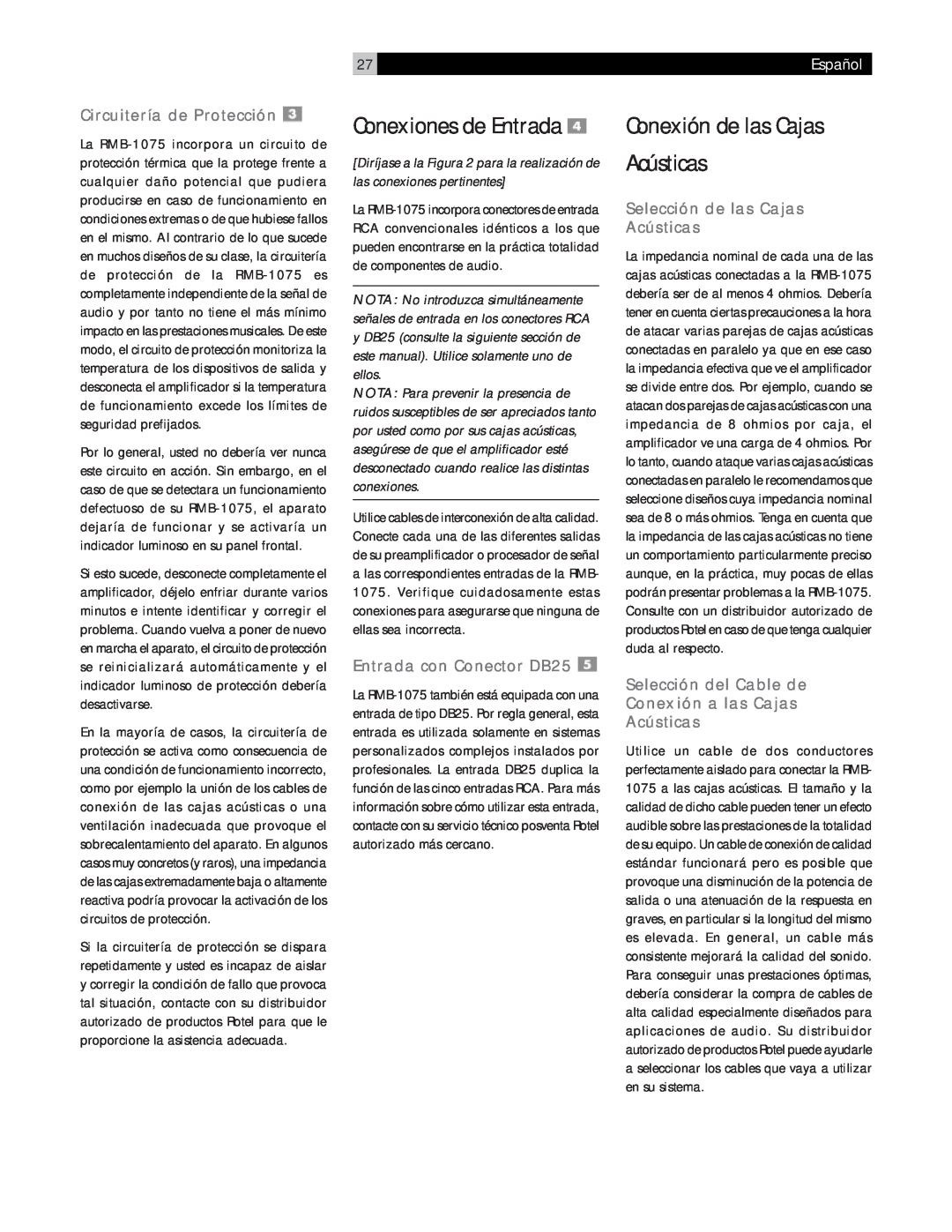 Rotel RMB-1075 owner manual Conexión de las Cajas Acústicas, Conexiones de Entrada, Circuitería de Protección, Español 