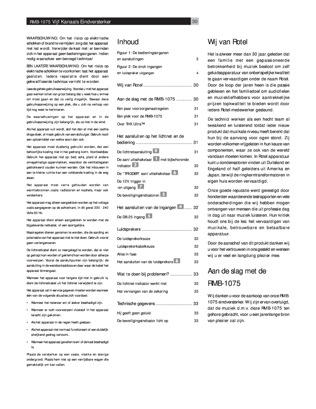 Rotel owner manual Inhoud, Wij van Rotel, Aan de slag met de, RMB-1075 Vijf Kanaals Eindversterker 