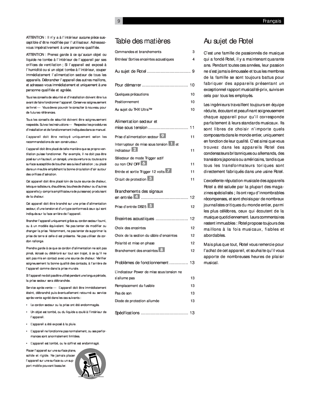 Rotel RMB-1075 owner manual Au sujet de Rotel, Table des matières, 9Français, Alimentation secteur et 