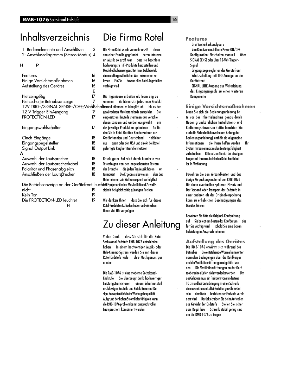 Rotel RMB-1076 owner manual Die Firma Rotel, Features, Einige Vorsichtsmaßnahmen, Aufstellung des Gerätes 