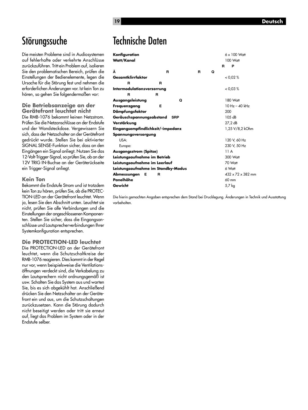 Rotel RMB-1076 Störungssuche Technische Daten, Die Betriebsanzeige an der, Gerätefront leuchtet nicht, Kein Ton 