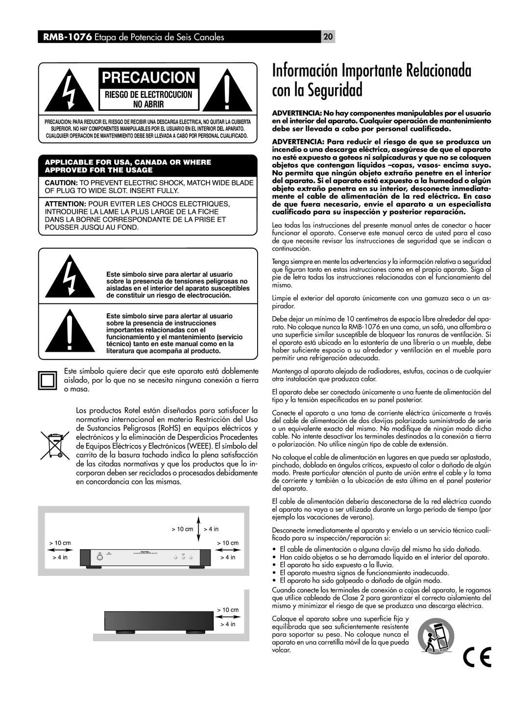 Rotel owner manual Precaucion, Riesgo DE Electrocucion No Abrir, RMB-1076Etapa de Potencia de Seis Canales 