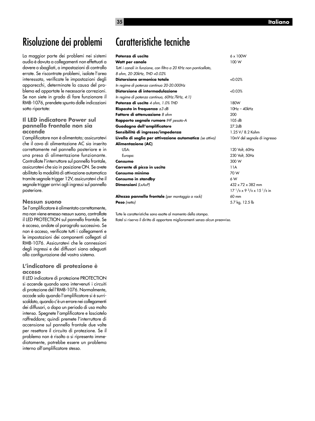 Rotel RMB-1076 owner manual Caratteristiche tecniche, Nessun suono, ’indicatore di protezione è acceso, 35Italiano 