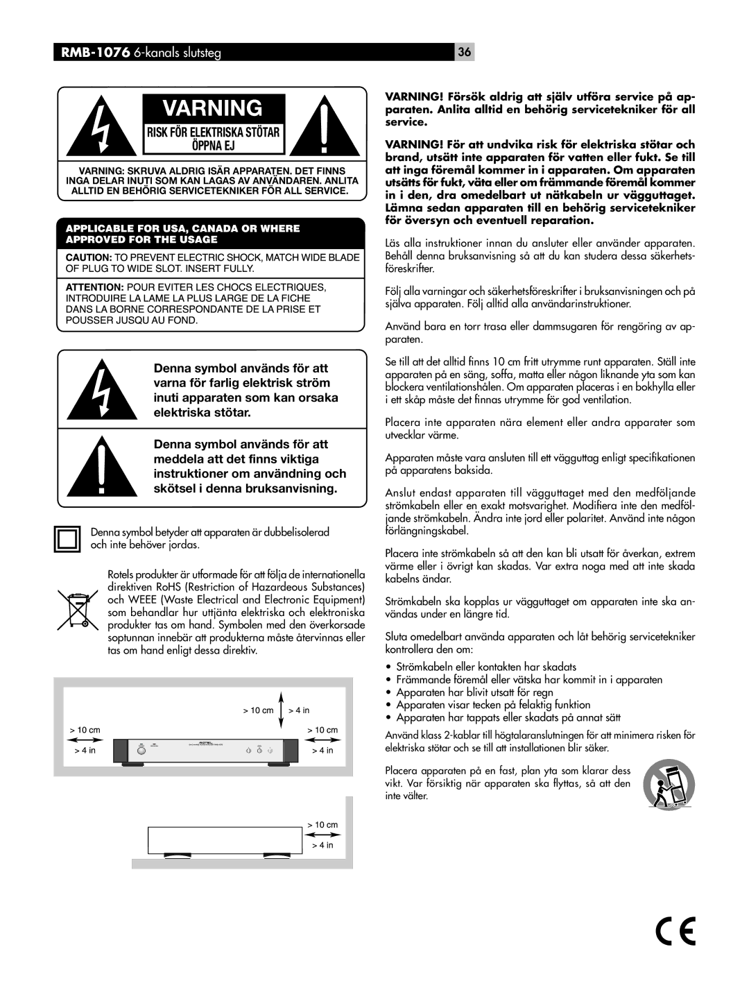 Rotel RMB-1076 owner manual Varning, Risk FÖR Elektriska Stötar Öppna EJ 