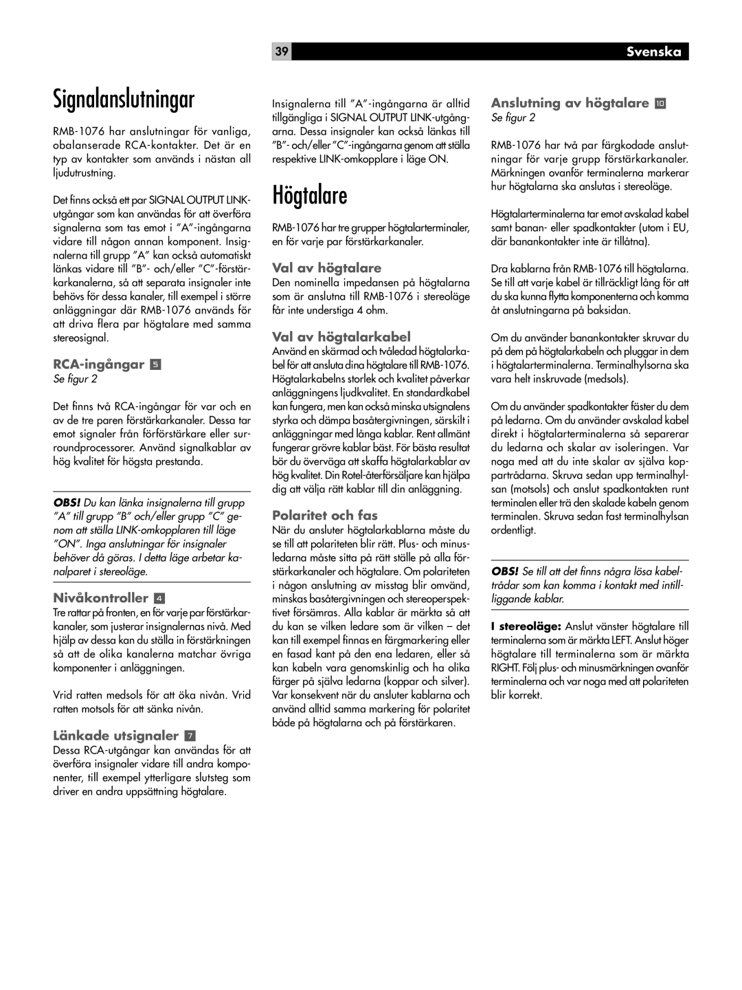 Rotel RMB-1076 owner manual Signalanslutningar, Högtalare 