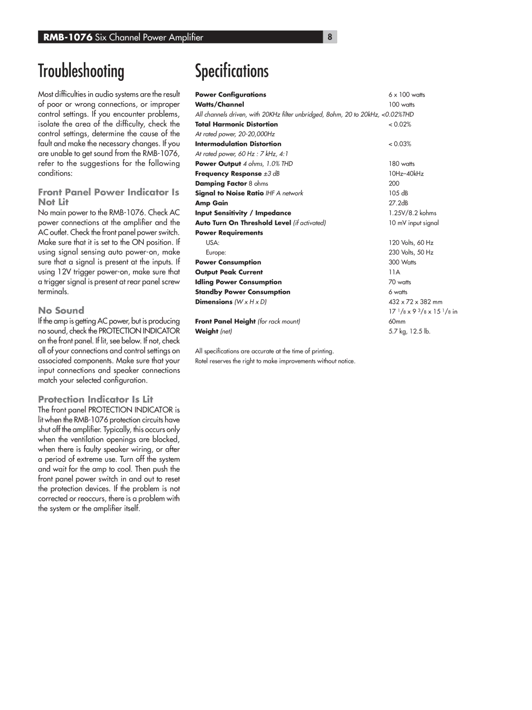 Rotel RMB-1076 owner manual Troubleshooting Speciﬁcations, Front Panel Power Indicator Is, Not Lit, No Sound 