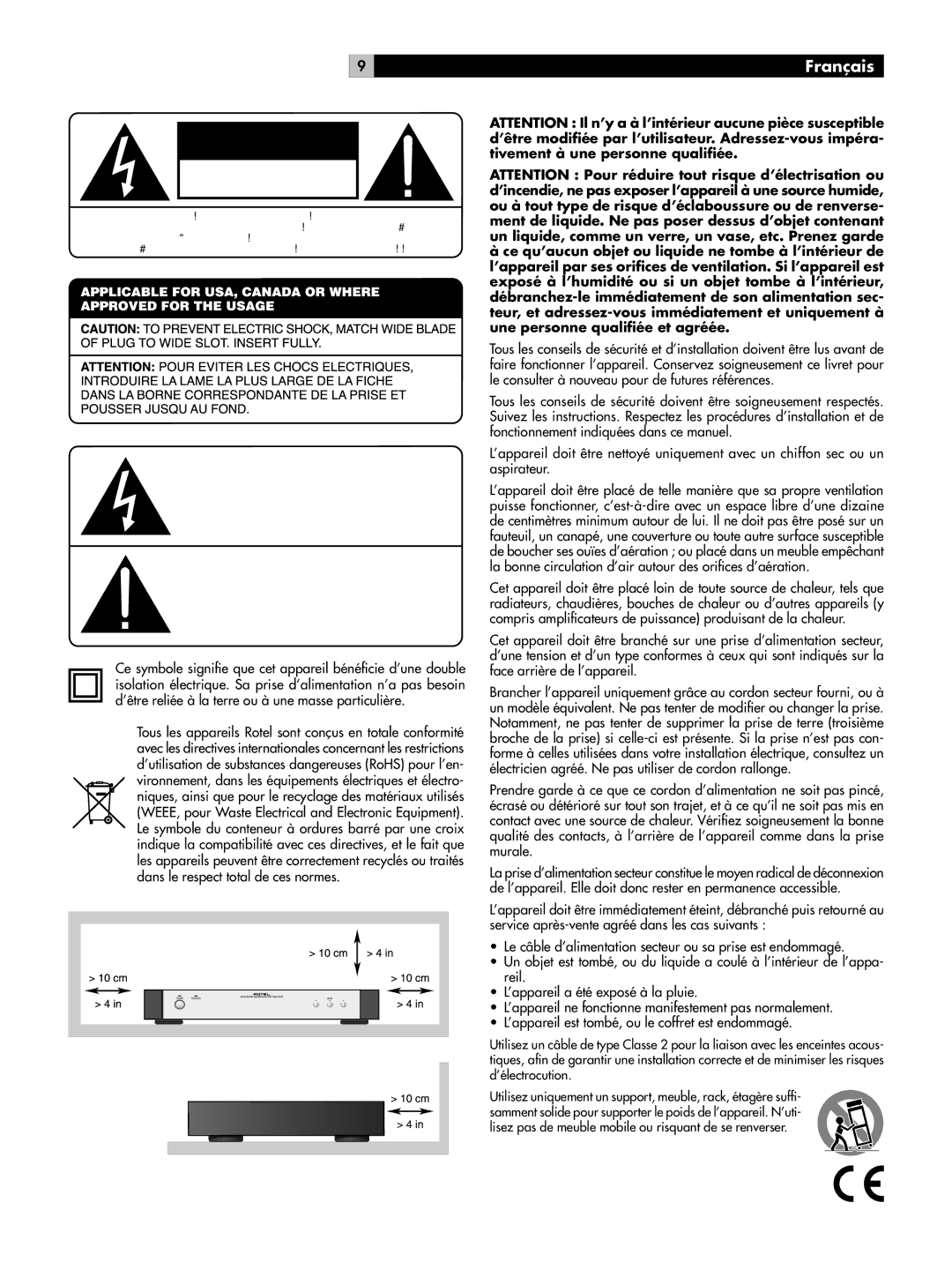 Rotel RMB-1076 owner manual Risque D’ÉLECTROCUTION NE PAS Ouvrir, Français 