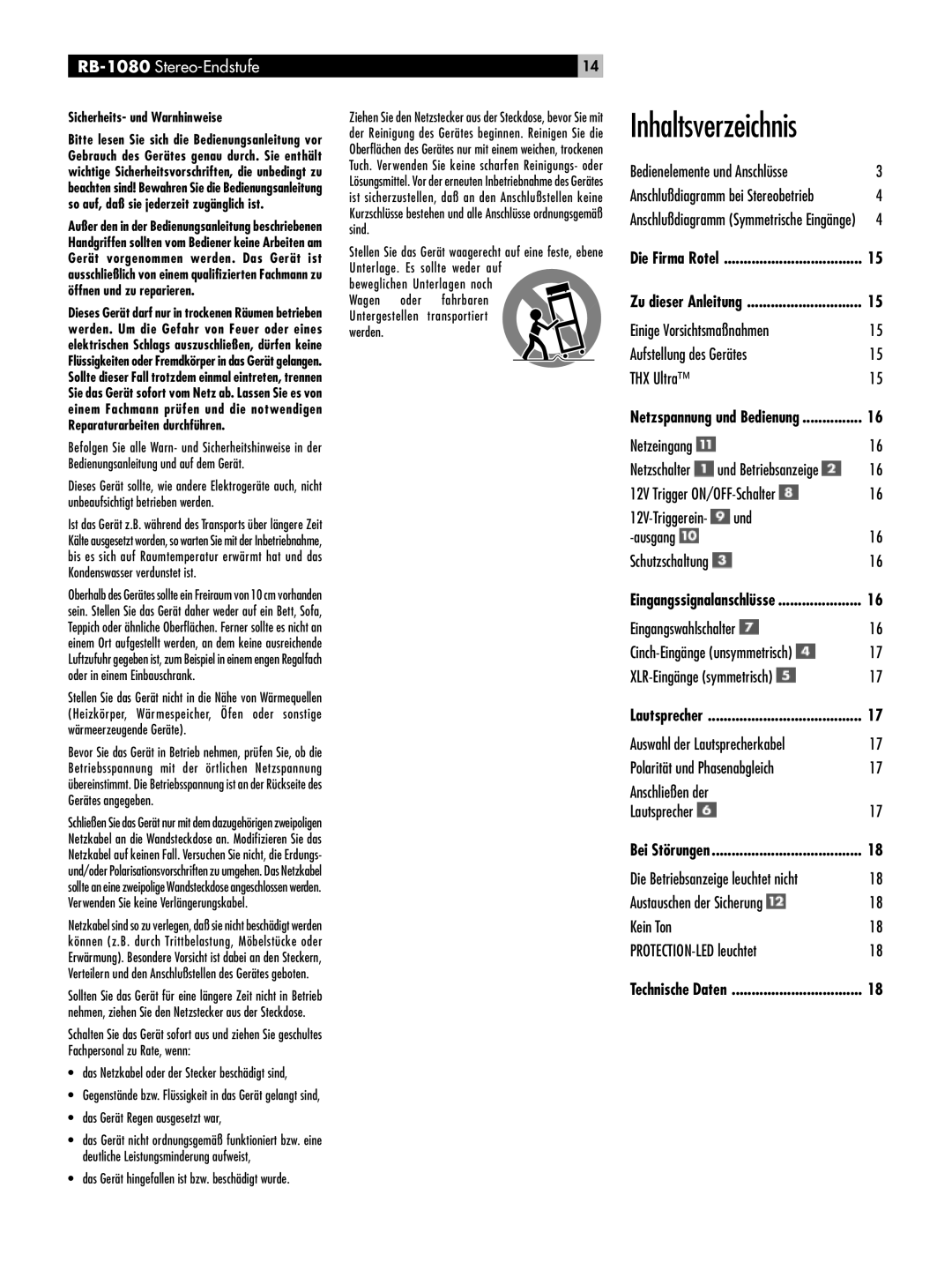 Rotel RMB-1080 owner manual Inhaltsverzeichnis 