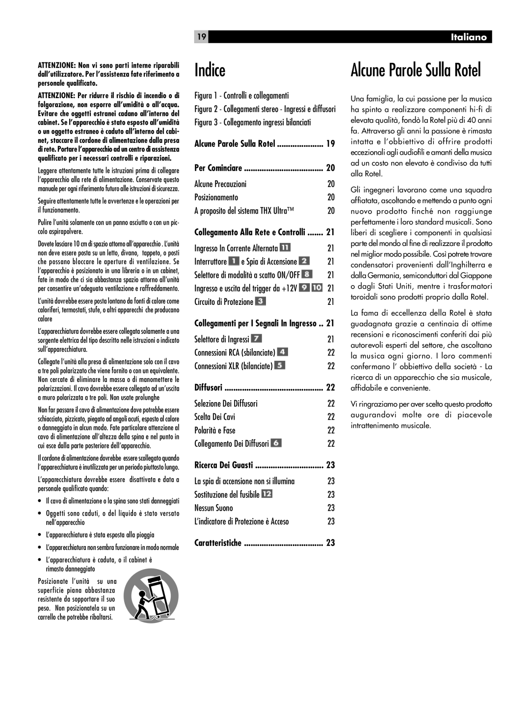 Rotel RMB-1080 owner manual Indice, Alcune Parole Sulla Rotel, Italiano 