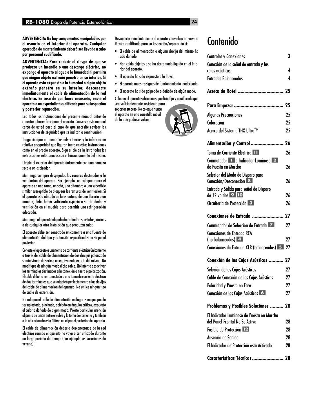 Rotel RMB-1080 owner manual Contenido, RB-1080Etapa de Potencia Estereofónica 