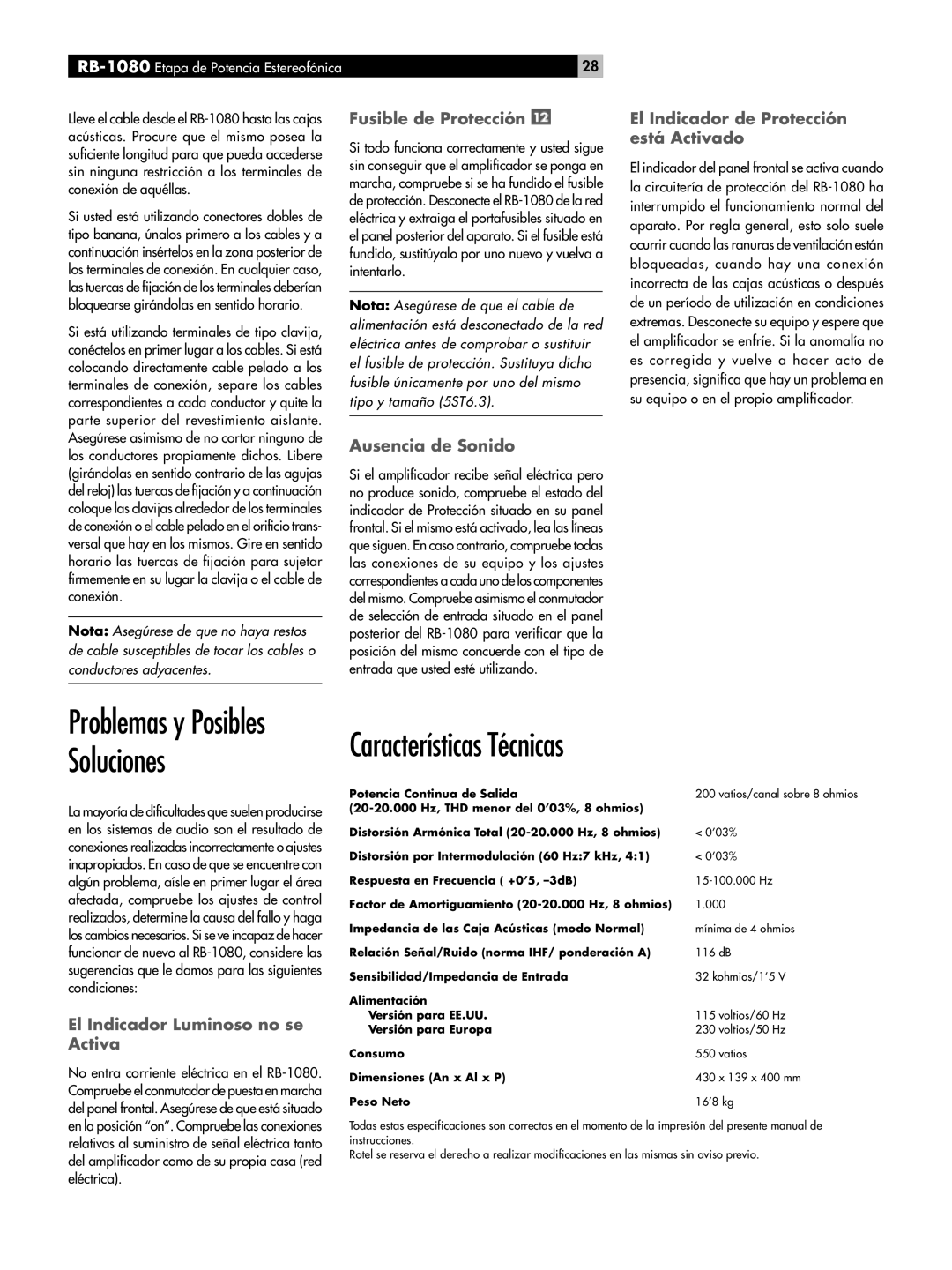 Rotel RMB-1080 owner manual Características Técnicas, Problemas y Posibles Soluciones 