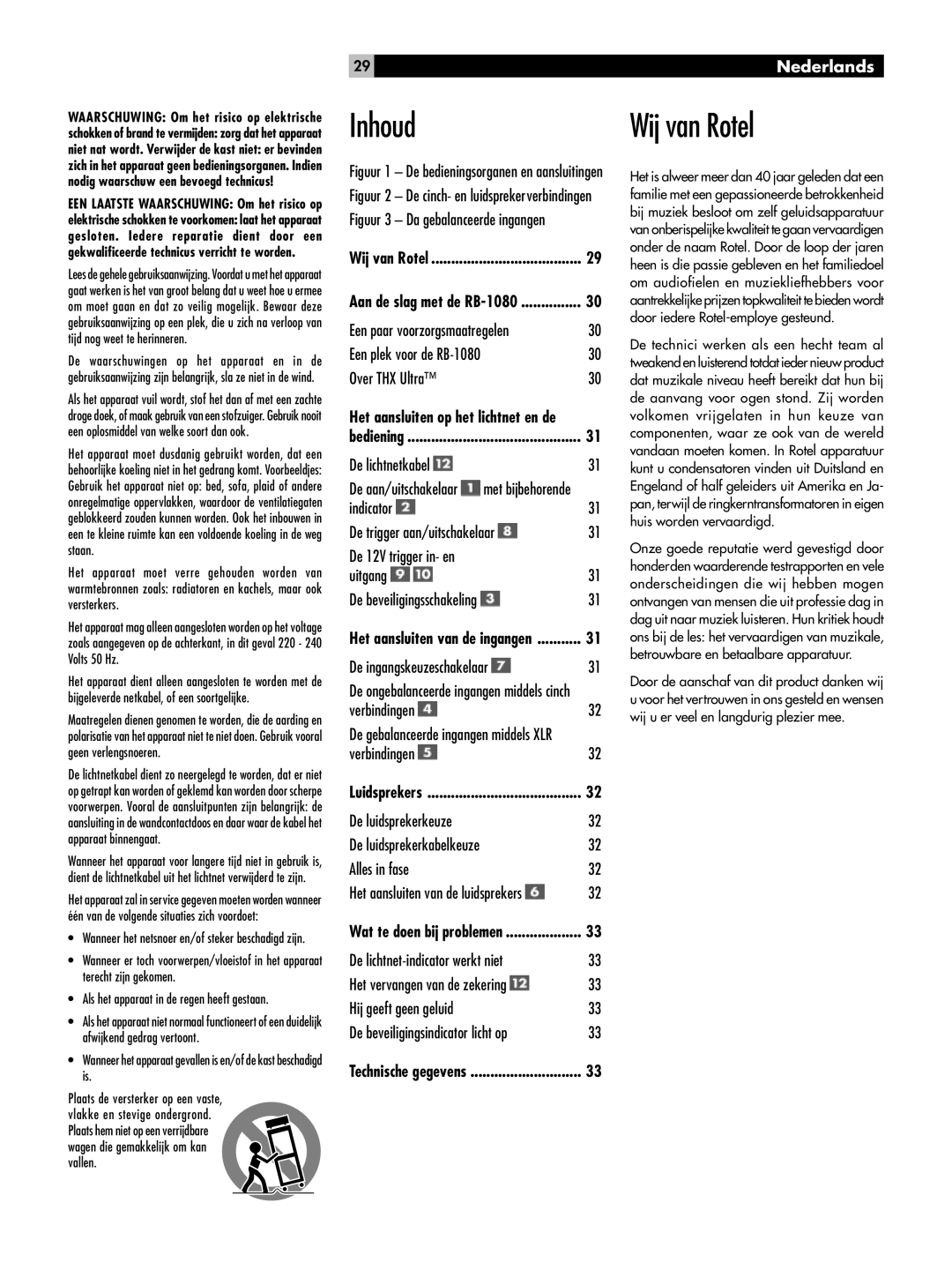 Rotel RMB-1080 owner manual Inhoud Wij van Rotel, 29Nederlands 