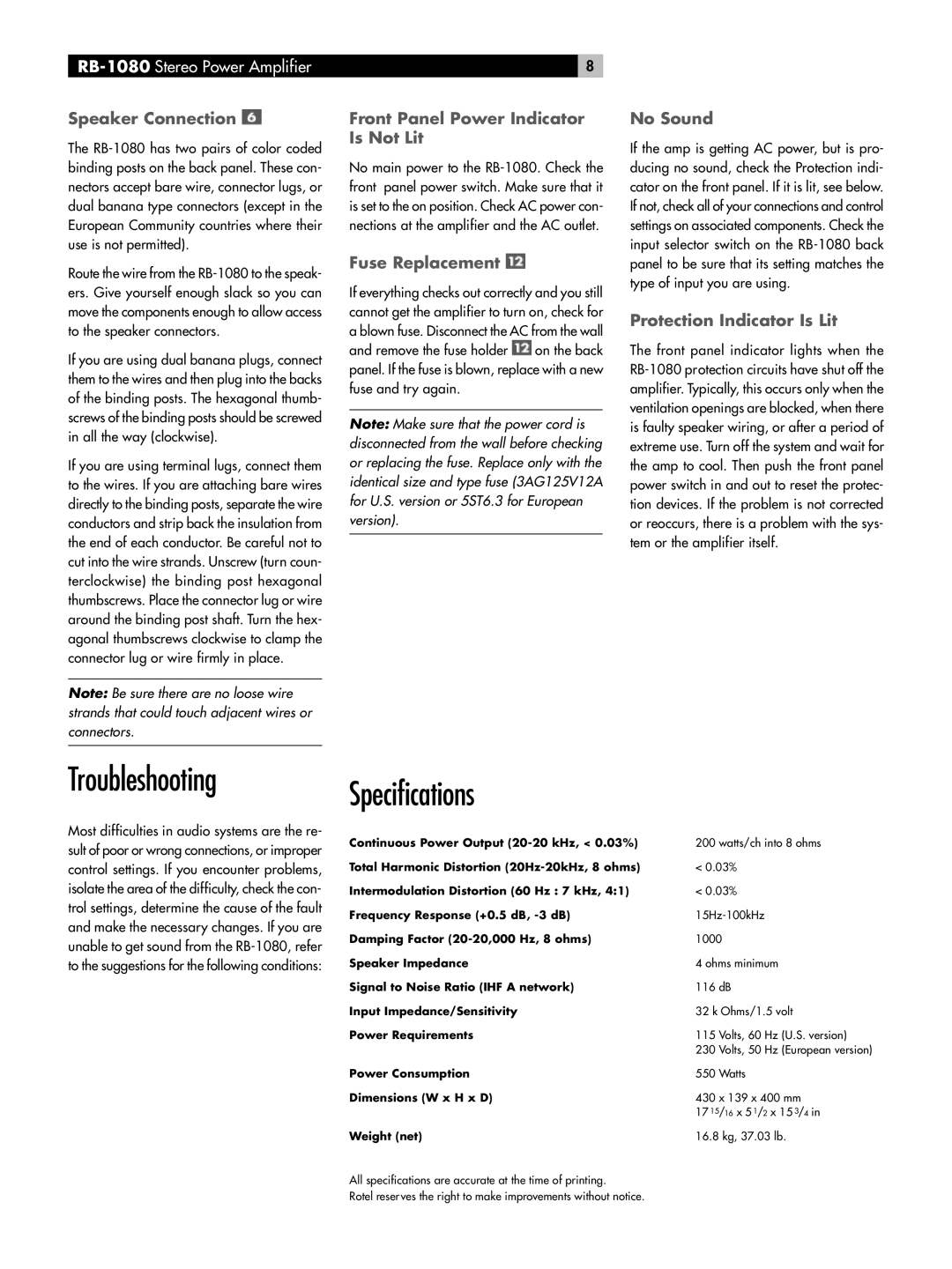 Rotel RMB-1080 owner manual Troubleshooting, Specifications 