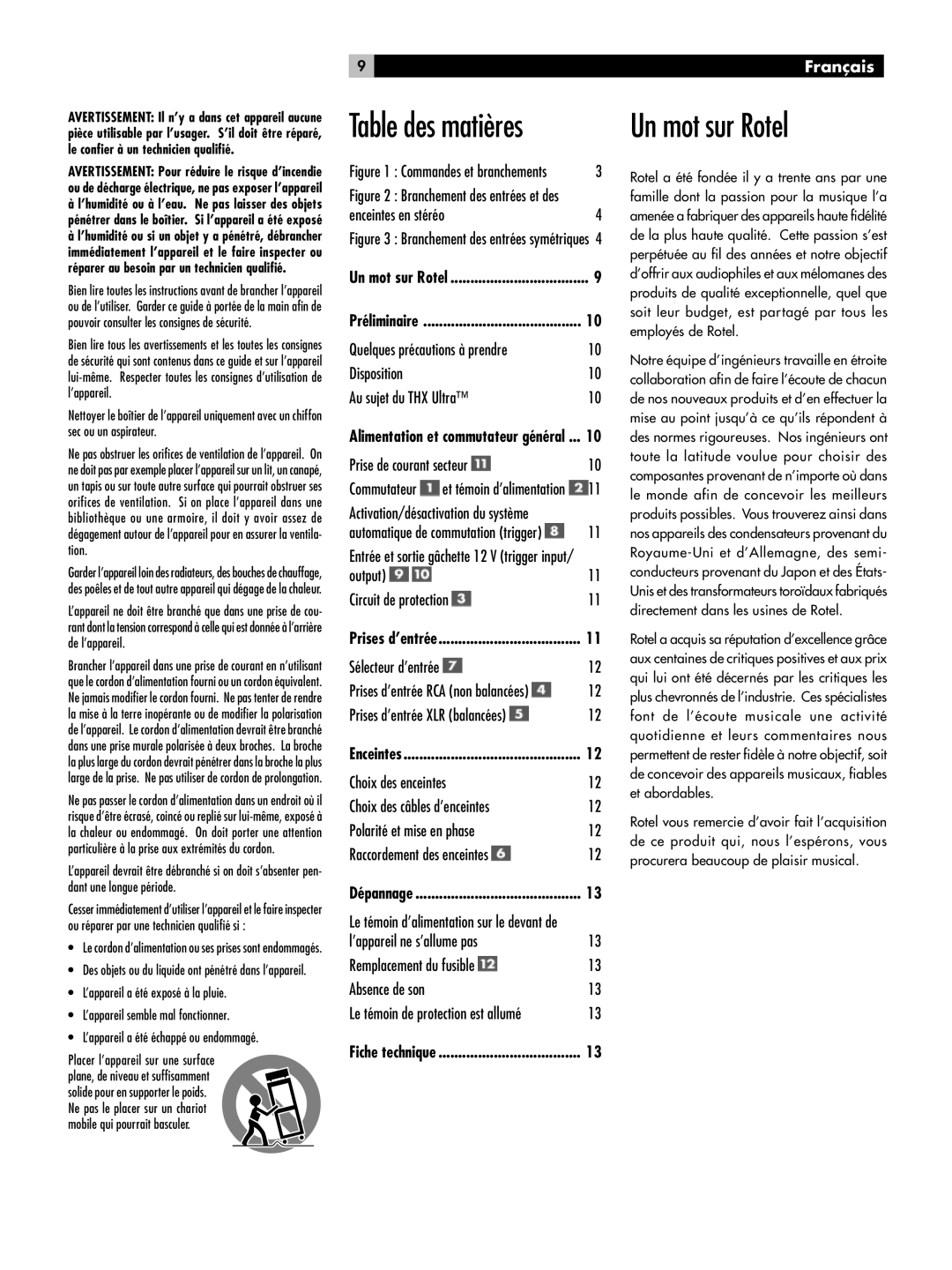 Rotel RMB-1080 owner manual Un mot sur Rotel, Table des matières, 9Français 