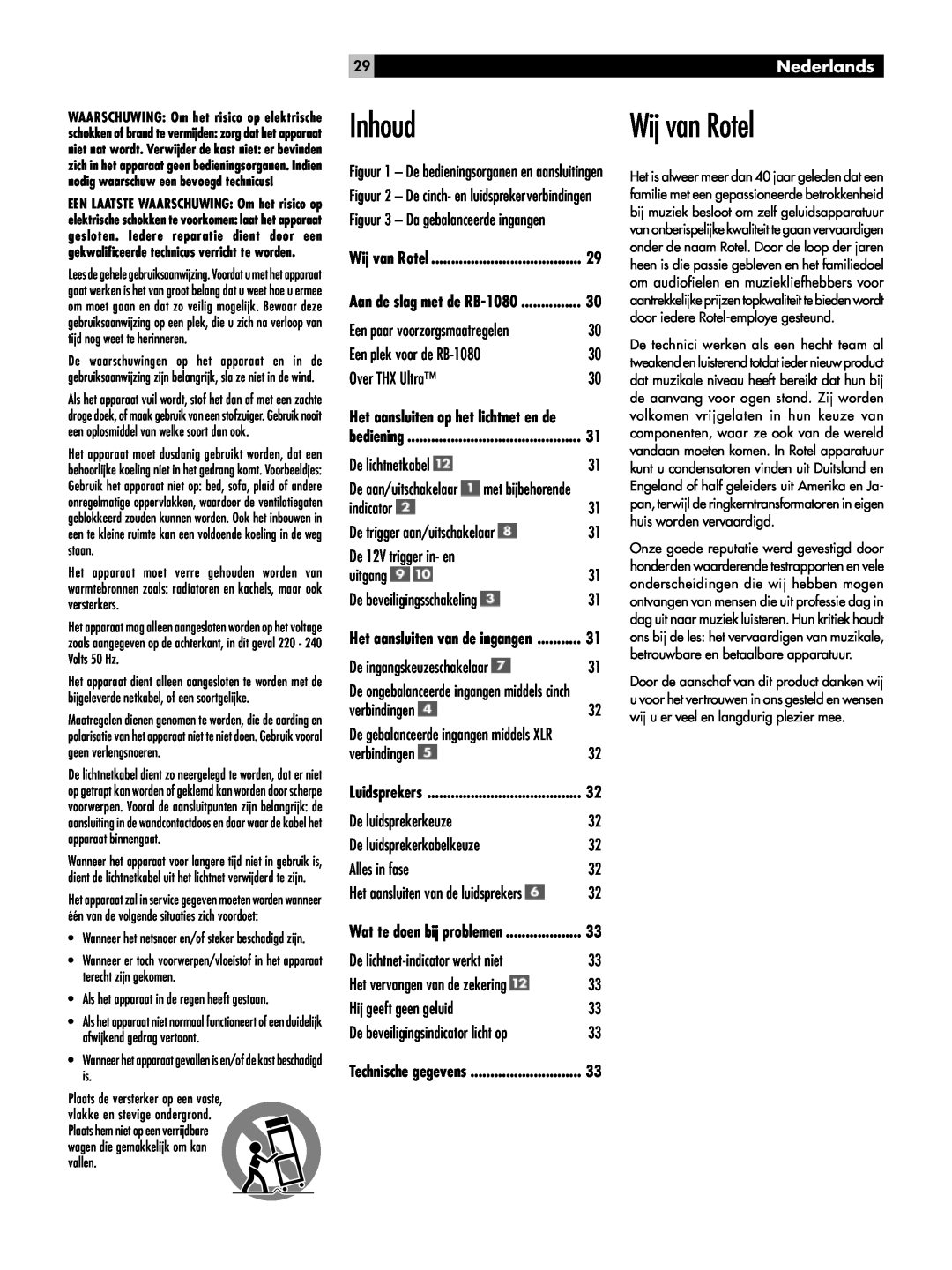 Rotel RMB-1080 owner manual Inhoud, Wij van Rotel, 29Nederlands, Technische gegevens 