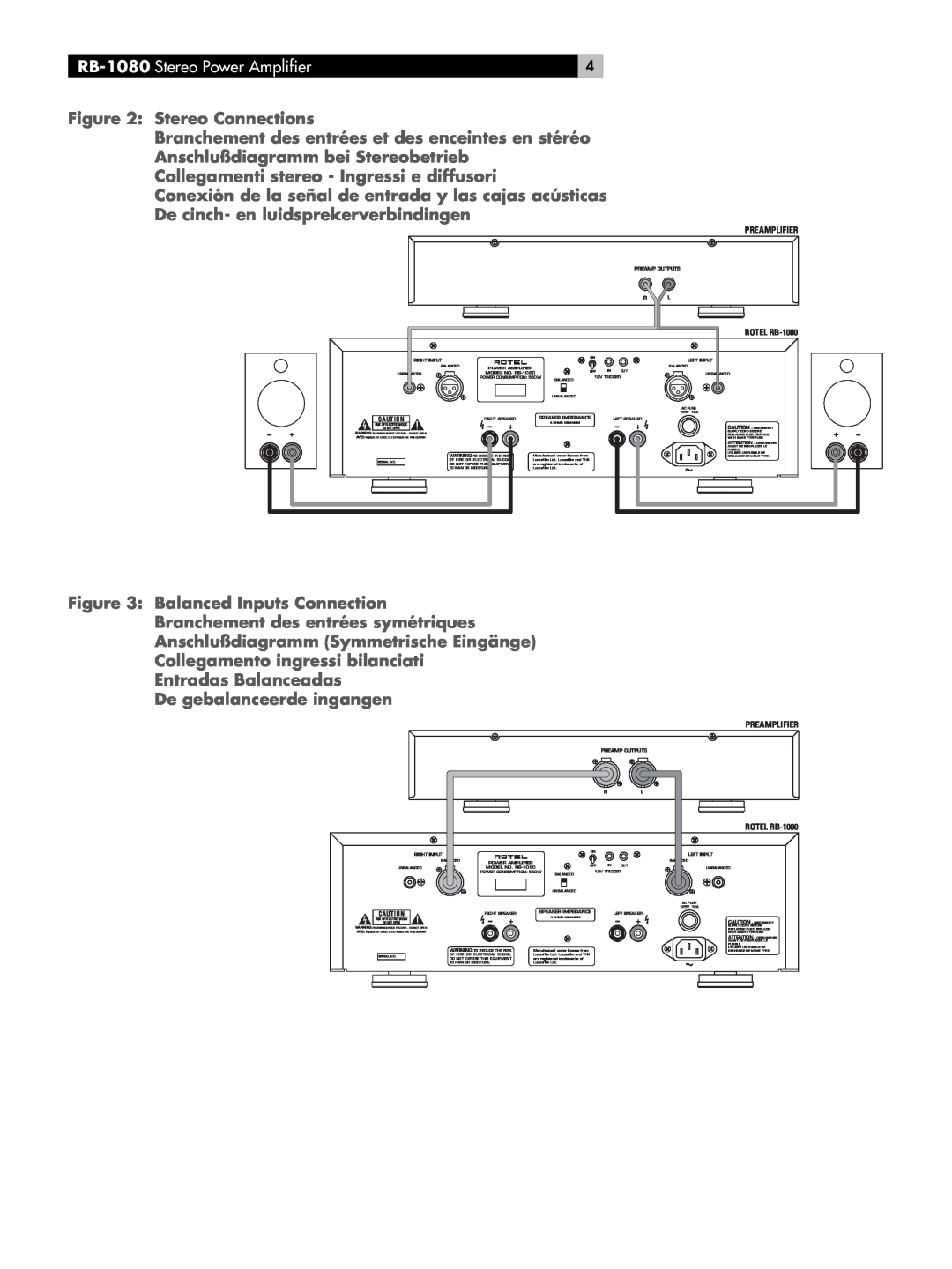 Rotel RMB-1080 owner manual RB-1080 Stereo Power Amplifier, Stereo Connections, Anschlußdiagramm bei Stereobetrieb 