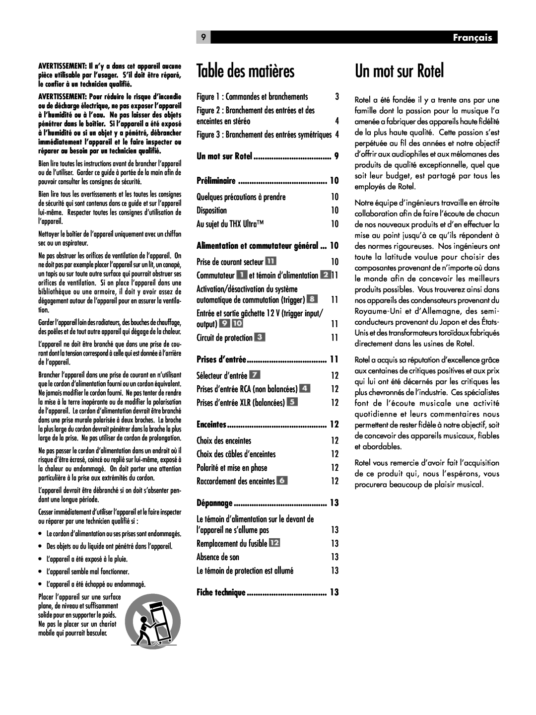 Rotel RMB-1080 owner manual Un mot sur Rotel, Table des matières, 9Français 