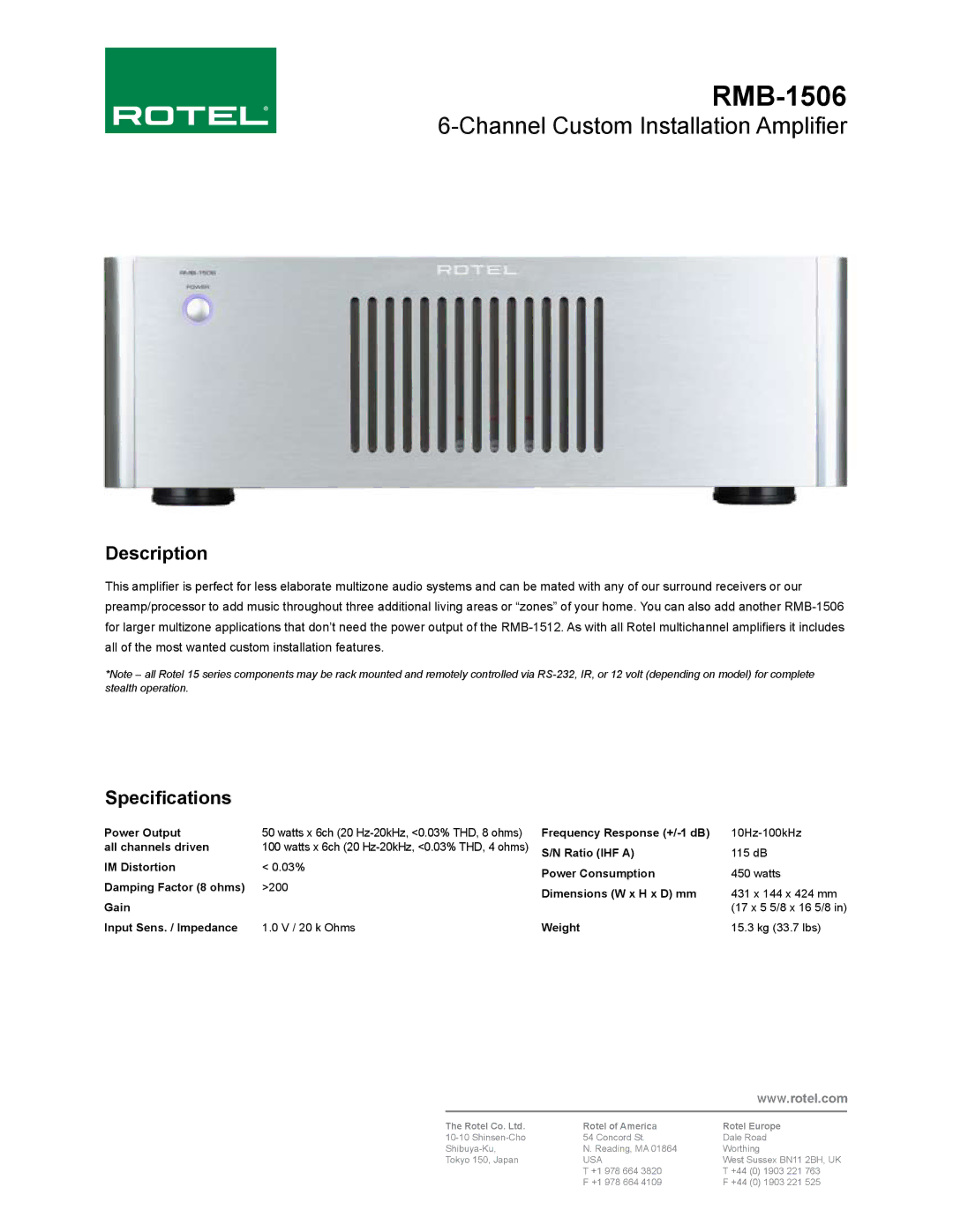 Rotel RMB-1506 dimensions Channel Custom Installation Amplifier, Description, Specifications 