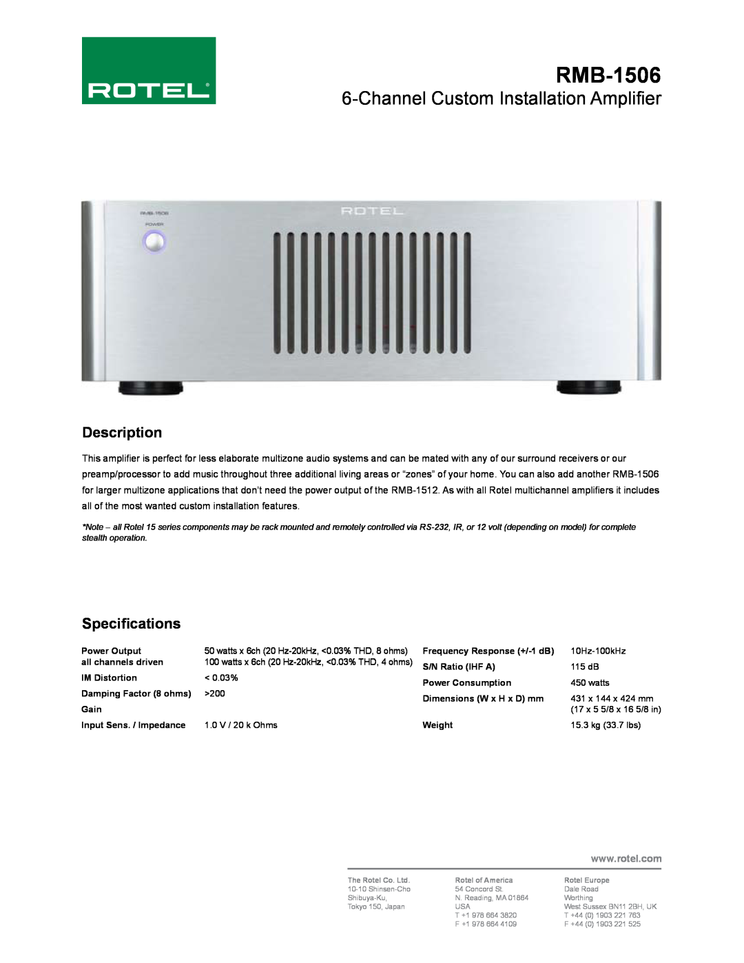 Rotel RMB-1506 dimensions ChannelCustom Installation Amplifier, Description, Specifications 