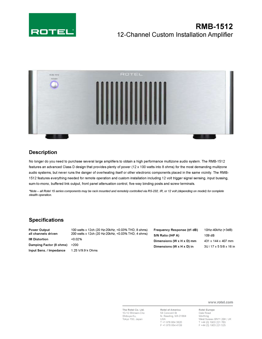 Rotel RMB-1512 dimensions Channel Custom Installation Amplifier, Description, Specifications, 3U / 17 x 5 5/8 x 16 