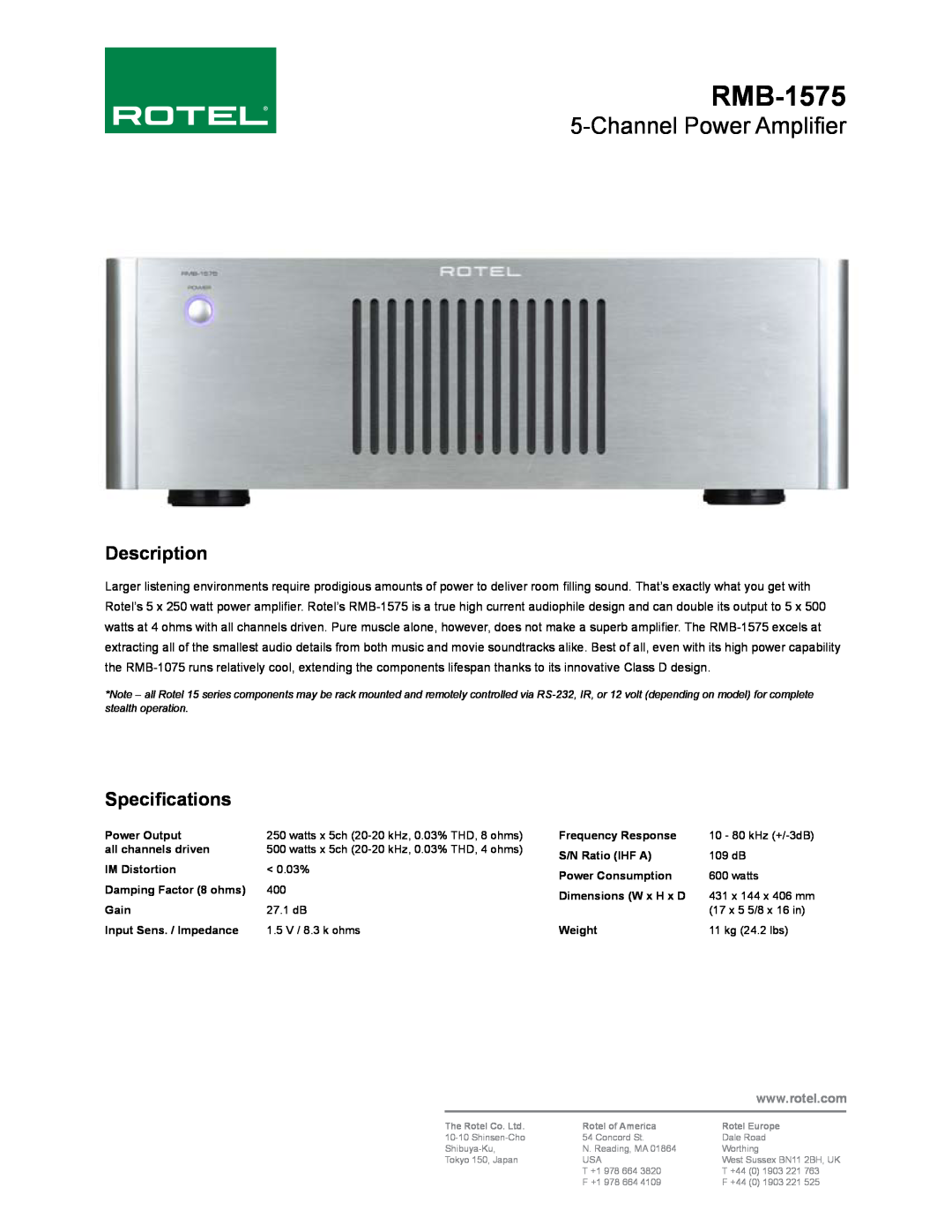 Rotel RMB-1575 dimensions ChannelPower Amplifier, Description, Specifications 
