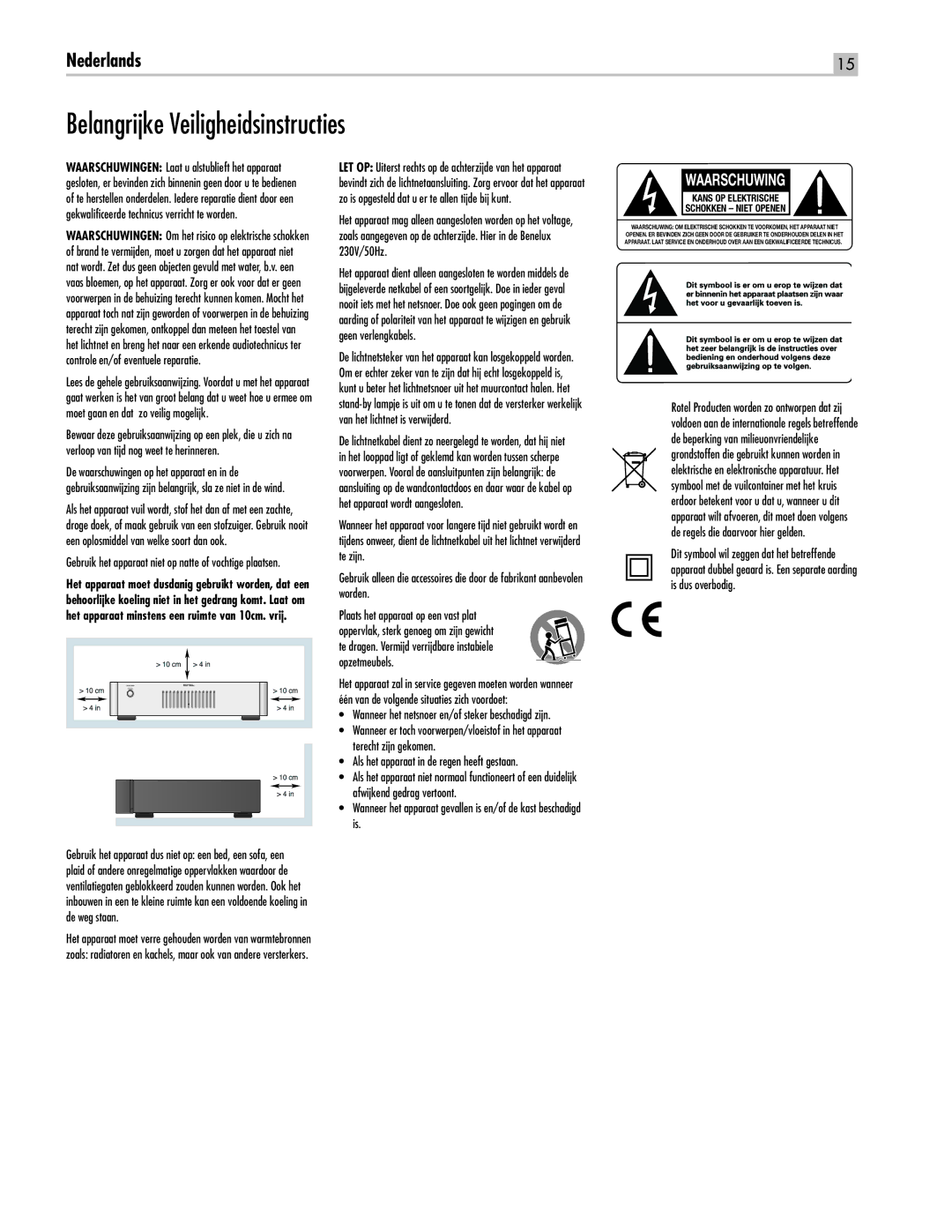 Rotel RMB-1565, RMB1575BK manual Belangrijke Veiligheidsinstructies, Als het apparaat in de regen heeft gestaan 