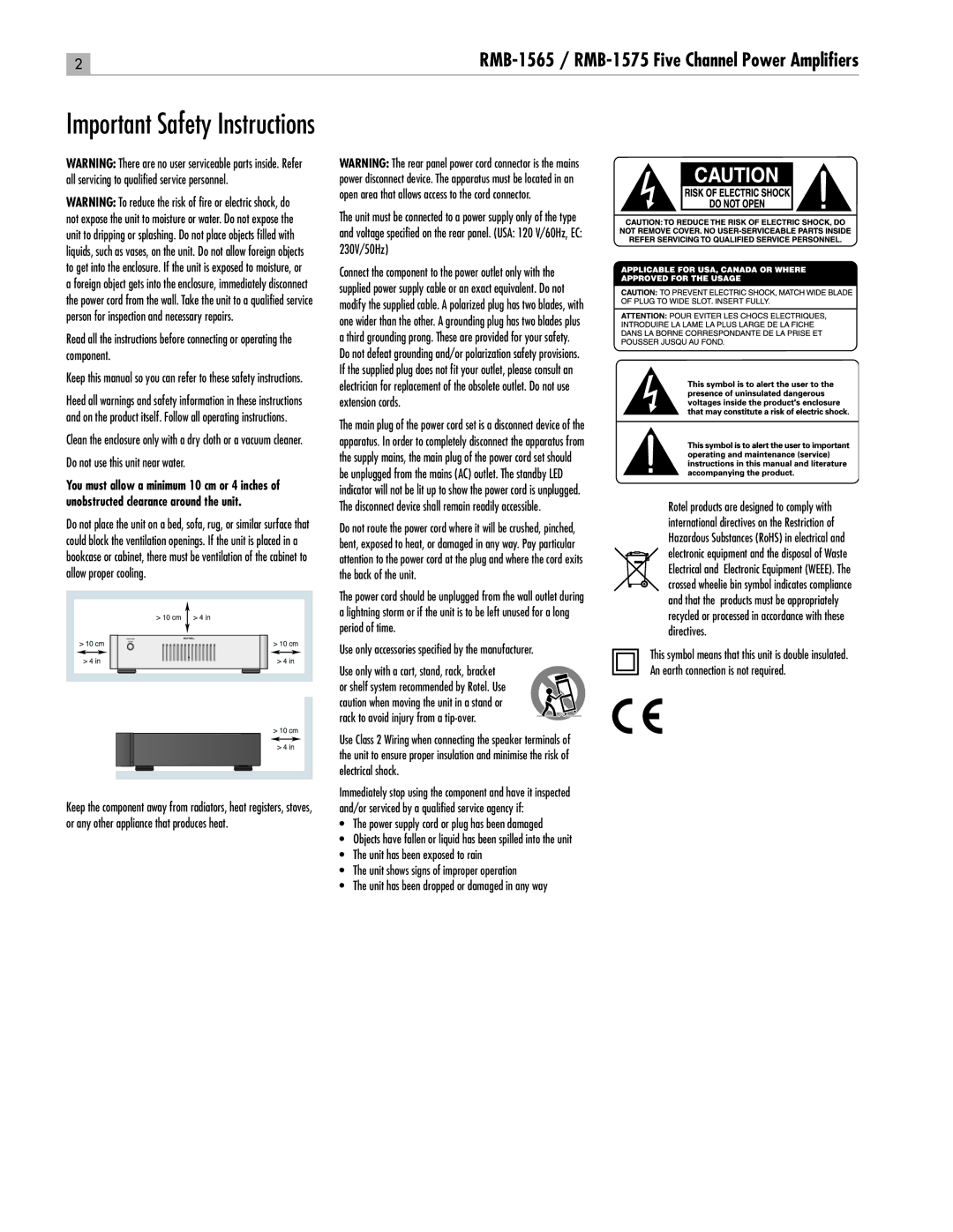 Rotel RMB1575BK, RMB-1565 manual Important Safety Instructions, Do not use this unit near water 