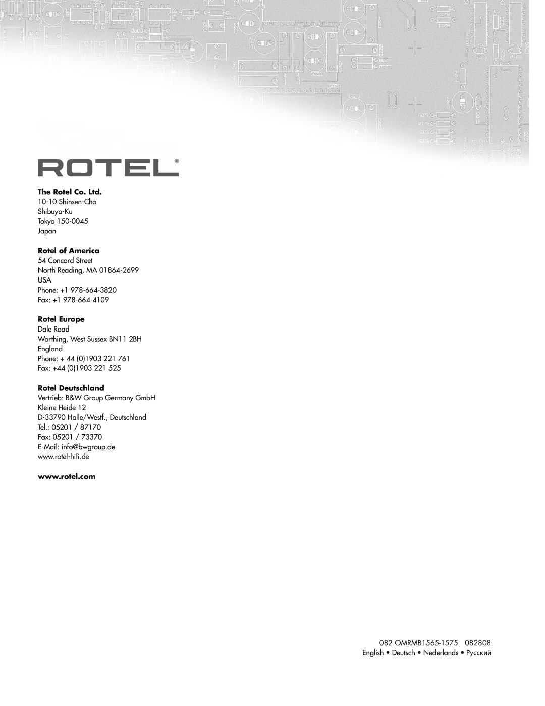 Rotel RMB1575BK, RMB-1565 manual Shinsen-Cho Shibuya-Ku Tokyo Japan, Concord Street North Reading, MA, Phone +1 Fax +1 