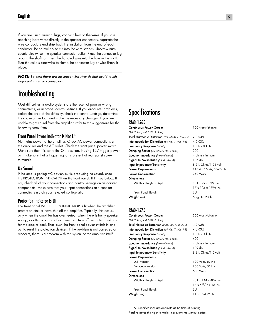 Rotel RMB-1565, RMB1575BK manual Troubleshooting, Speciﬁcations 