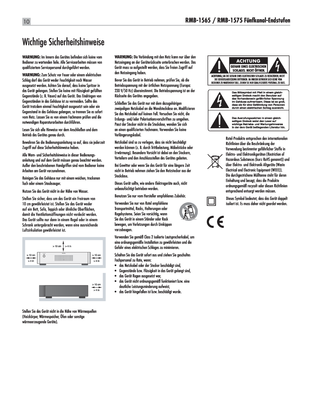 Rotel RMB1575BK manual Wichtige Sicherheitshinweise, RMB-1565 / RMB-1575 Fünfkanal-Endstufen 