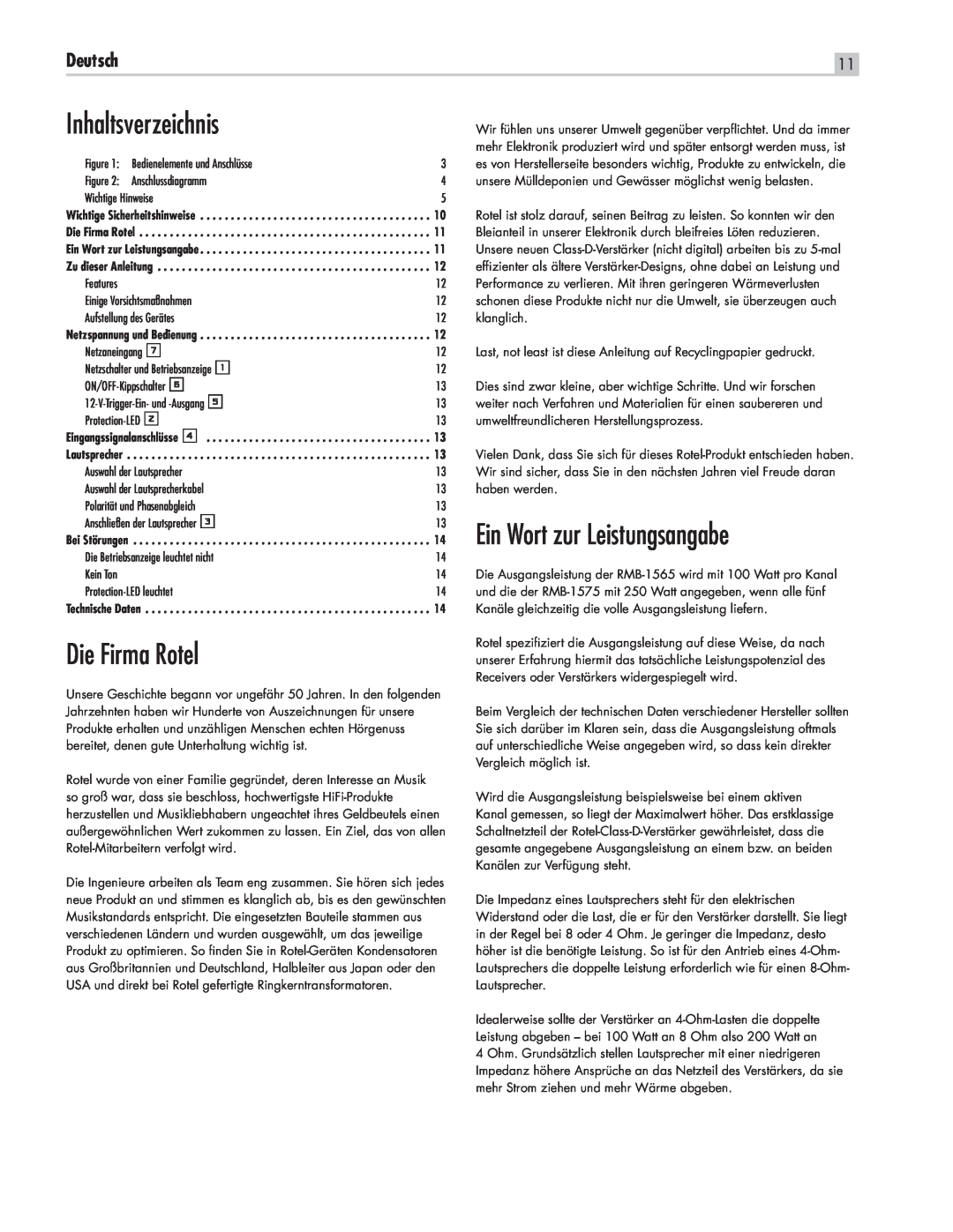 Rotel RMB-1565, RMB1575BK manual Inhaltsverzeichnis, Die Firma Rotel, Ein Wort zur Leistungsangabe, Deutsch 