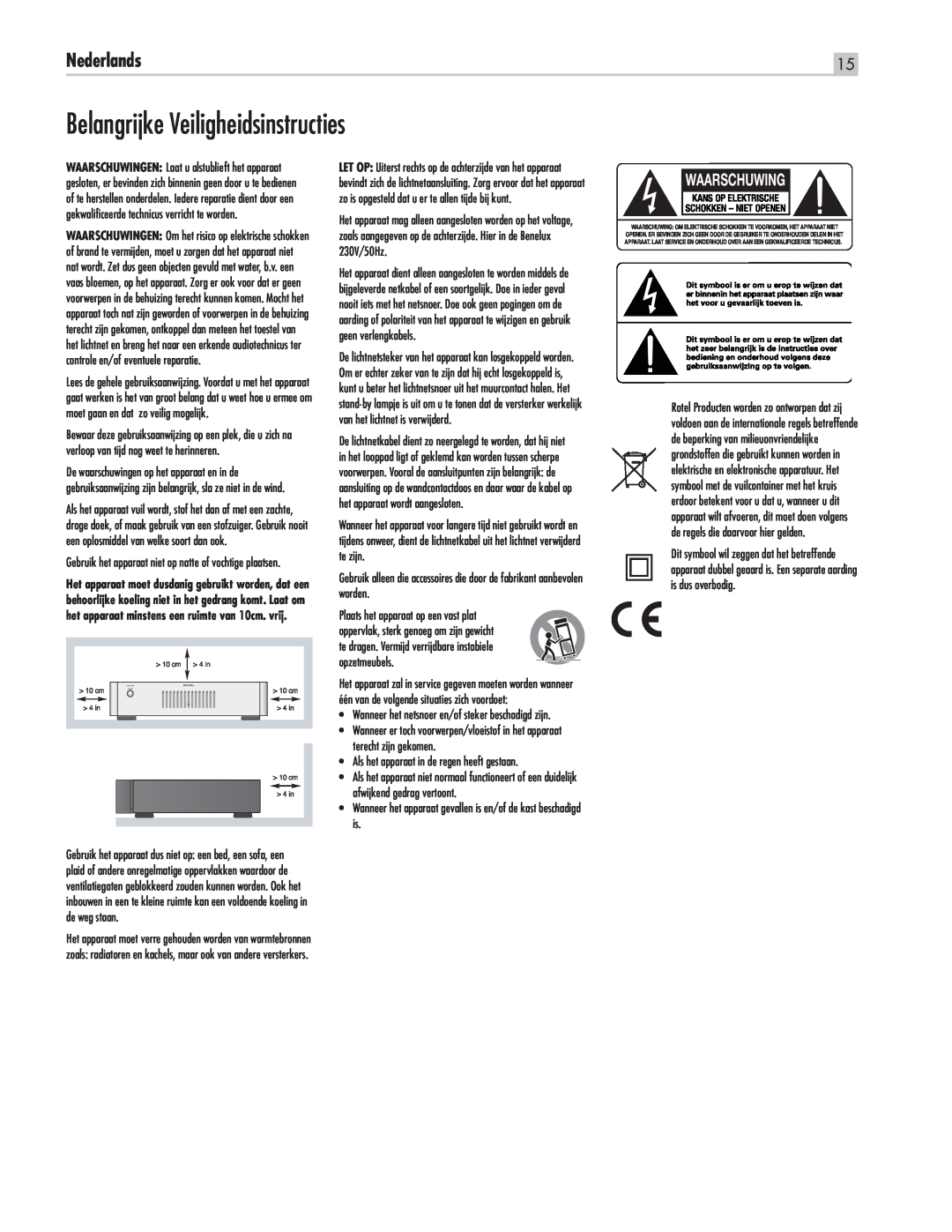Rotel RMB-1565, RMB1575BK manual Belangrijke Veiligheidsinstructies, Nederlands, Waarschuwing 
