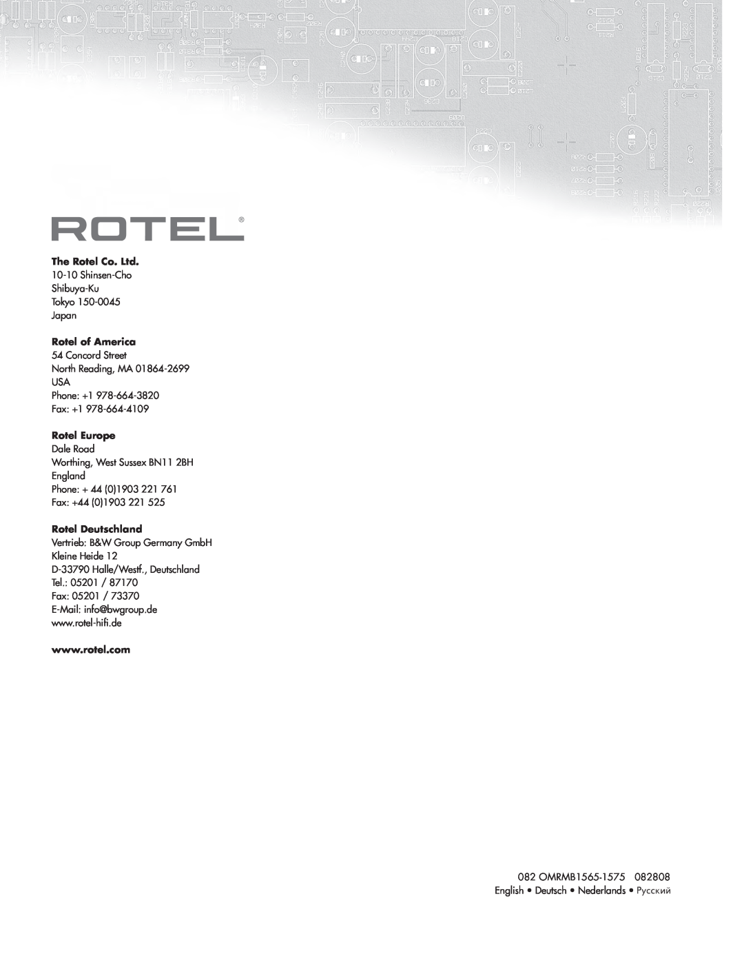 Rotel RMB1575BK, RMB-1565 manual Rotel of America, Rotel Europe, Rotel Deutschland 