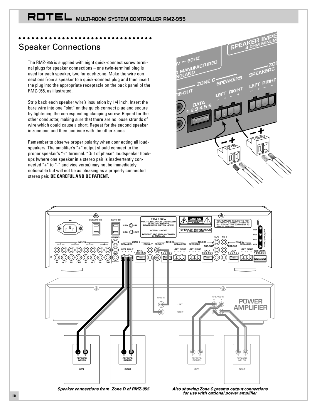 Rotel RMZ-955 operation manual Speaker Connections, SPEAKER4 