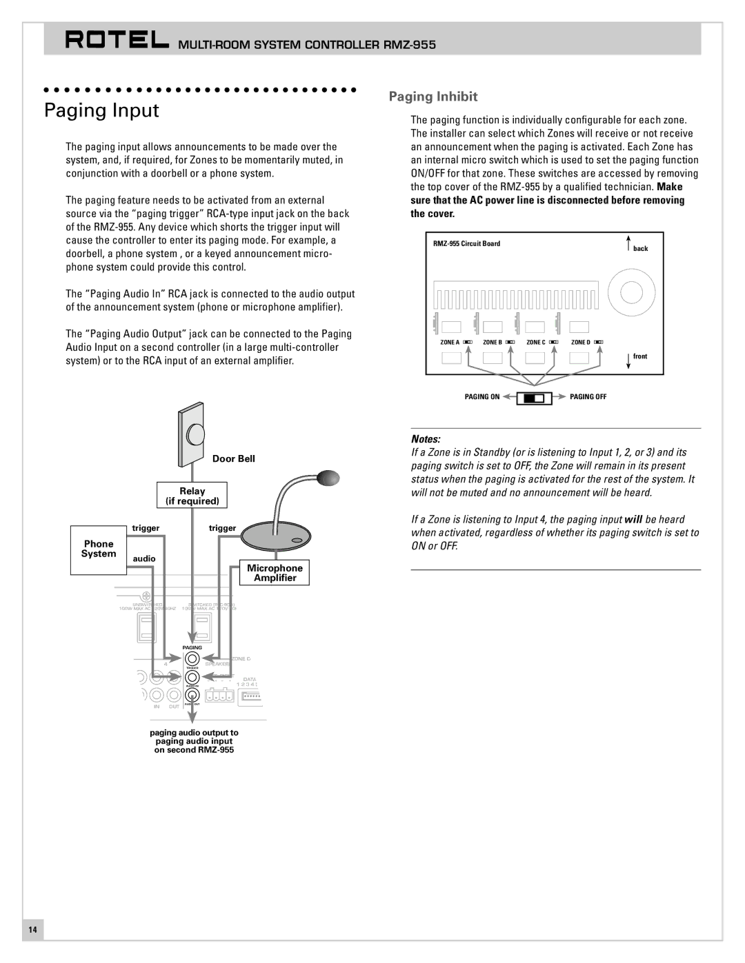 Rotel RMZ-955 operation manual Paging Input, Paging Inhibit 