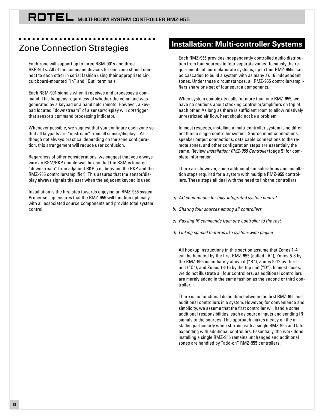 Rotel RMZ-955 operation manual Zone Connection Strategies, Installation Multi-controller Systems 