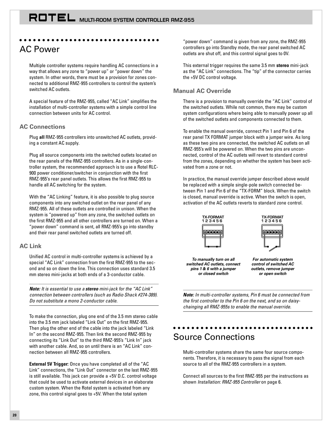 Rotel RMZ-955 operation manual AC Power, Manual AC Override, AC Connections, AC Link 