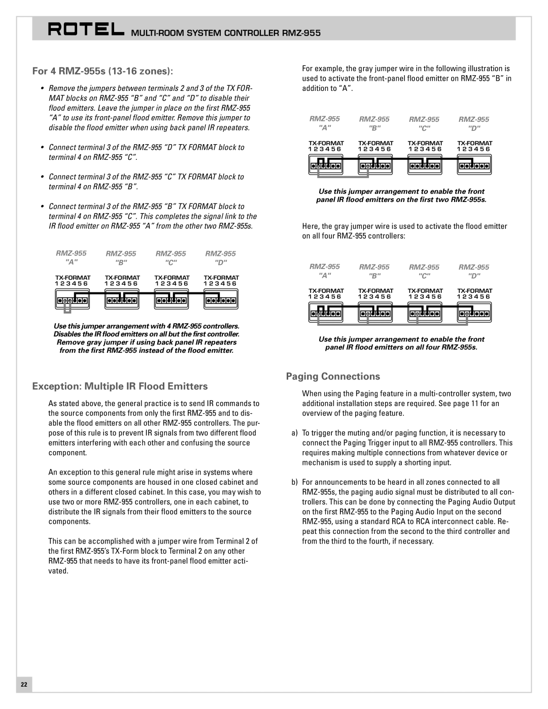 Rotel operation manual For 4 RMZ-955s 13-16 zones, Exception Multiple IR Flood Emitters, Paging Connections 
