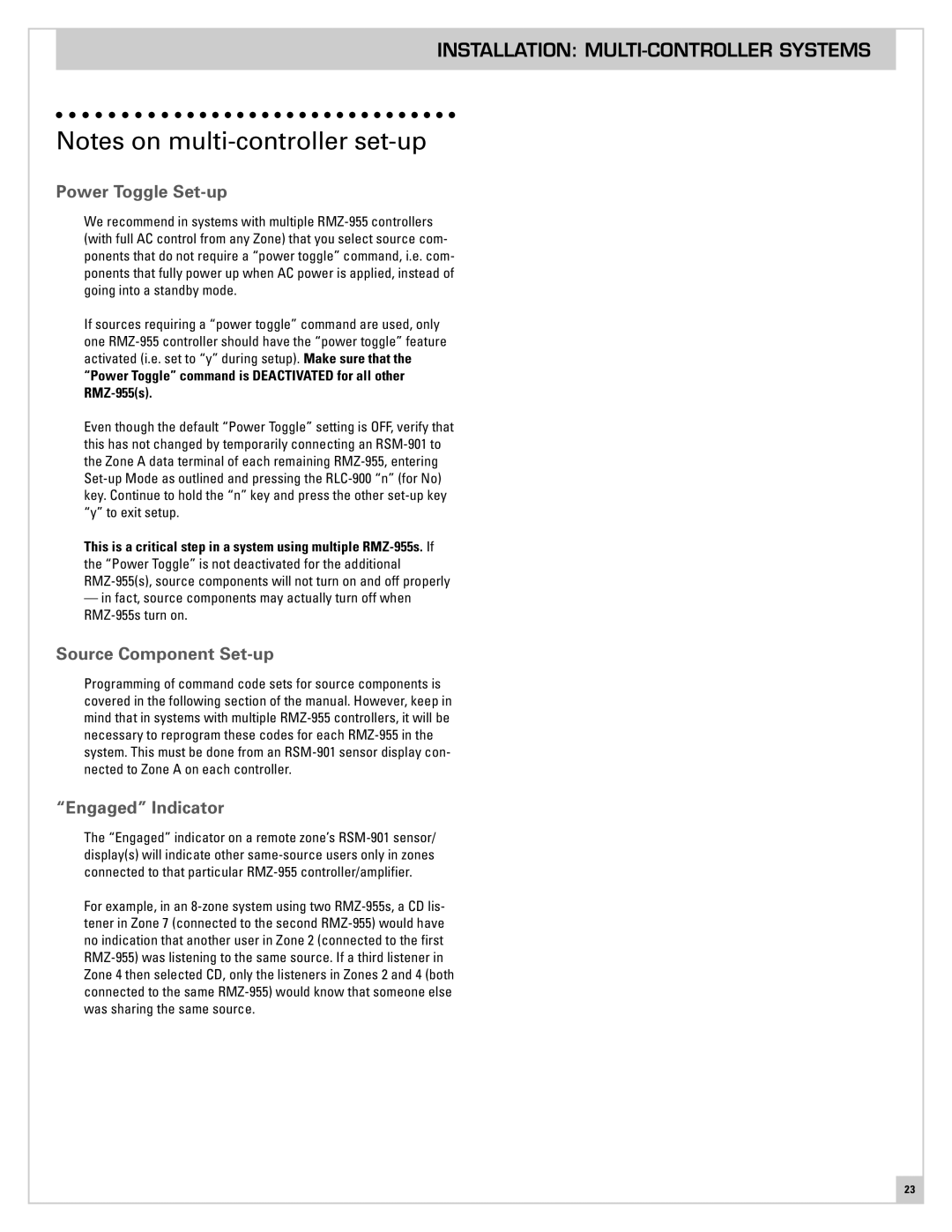 Rotel Power Toggle Set-up, Engaged Indicator, Power Toggle command is Deactivated for all other RMZ-955s 
