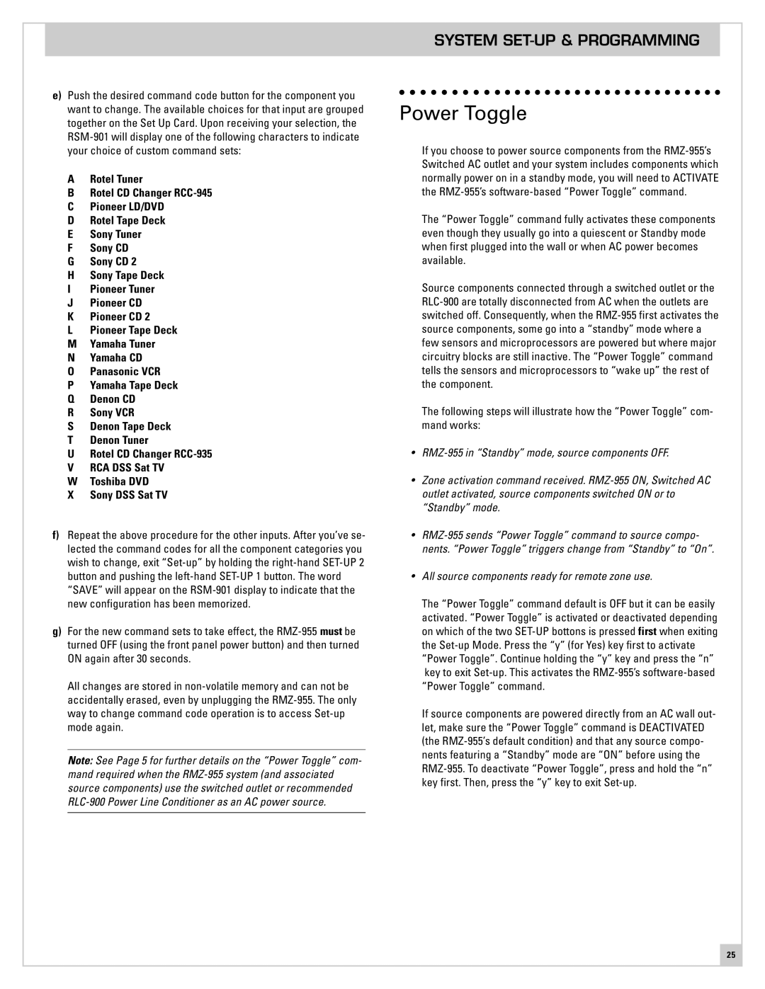 Rotel RMZ-955 operation manual Power Toggle, System SET-UP & Programming 