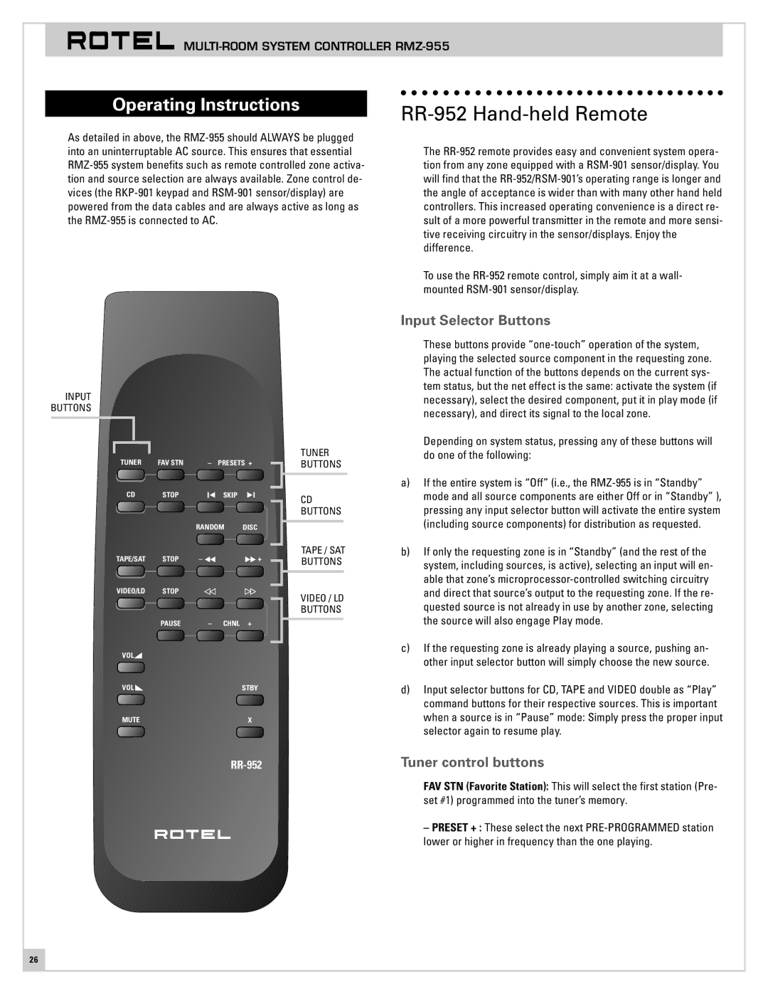 Rotel RMZ-955 RR-952 Hand-held Remote, Operating Instructions, Input Selector Buttons, Tuner control buttons 