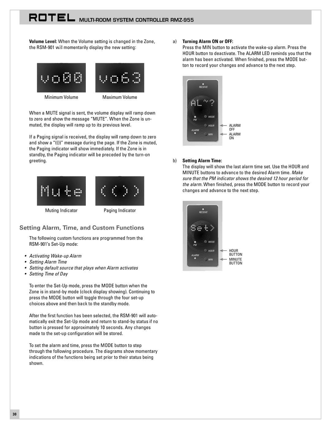 Rotel RMZ-955 operation manual Setting Alarm, Time, and Custom Functions, Turning Alarm on or OFF, Setting Alarm Time 