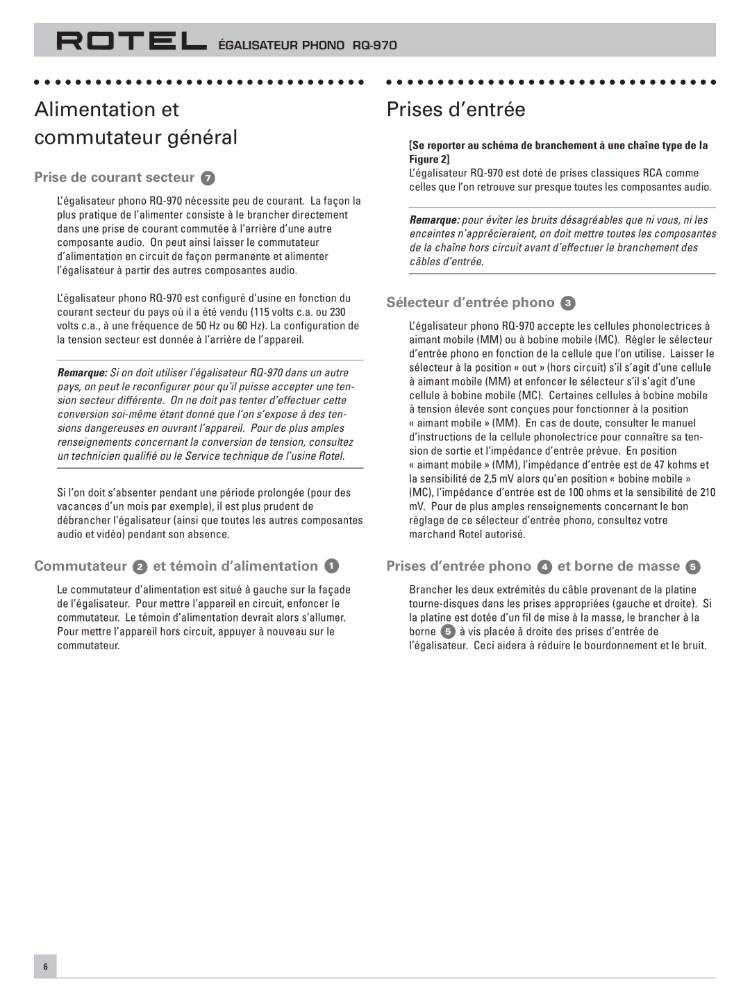 Rotel RQ-970 owner manual Alimentation et commutateur général, Prises d’entrée 