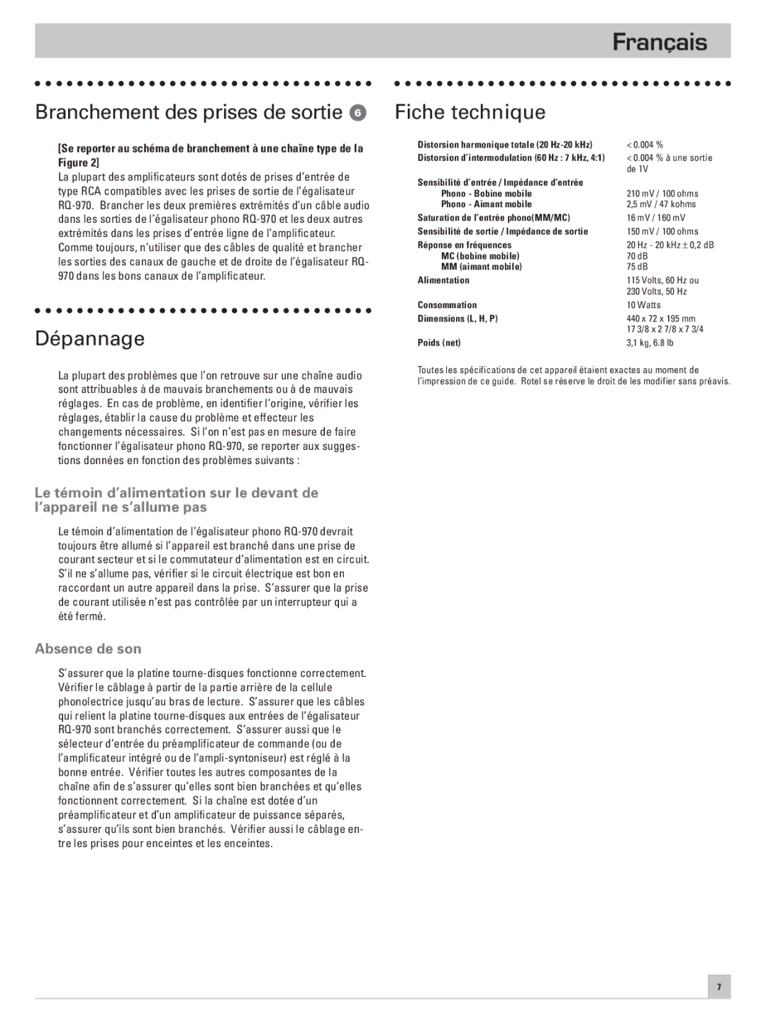 Rotel RQ-970 owner manual Branchement des prises de sortie, Dépannage Fiche technique, Absence de son 