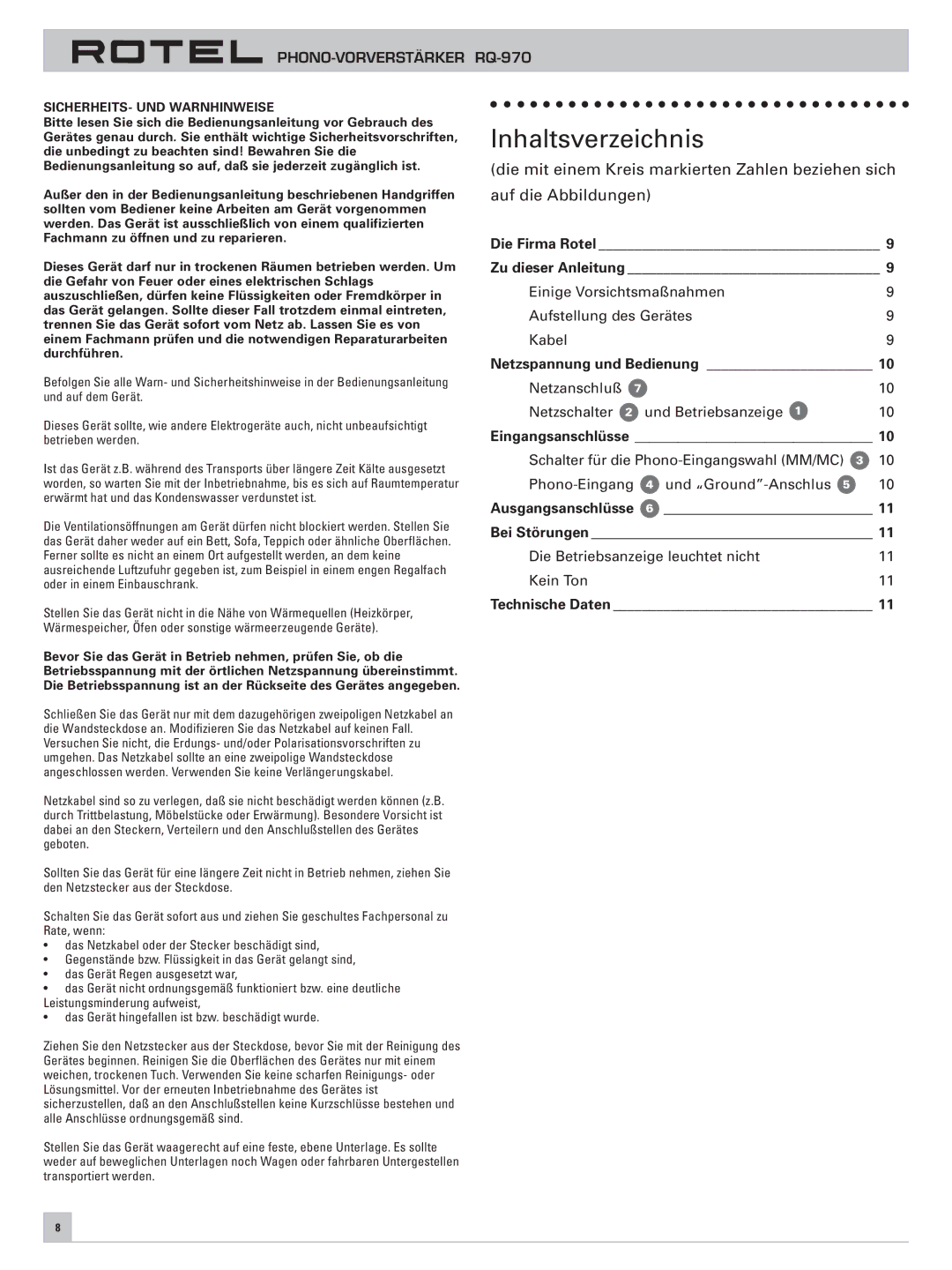 Rotel RQ-970 owner manual Inhaltsverzeichnis 