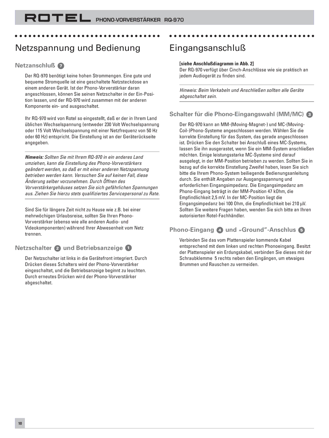 Rotel RQ-970 owner manual Netzspannung und Bedienung, Eingangsanschluß 